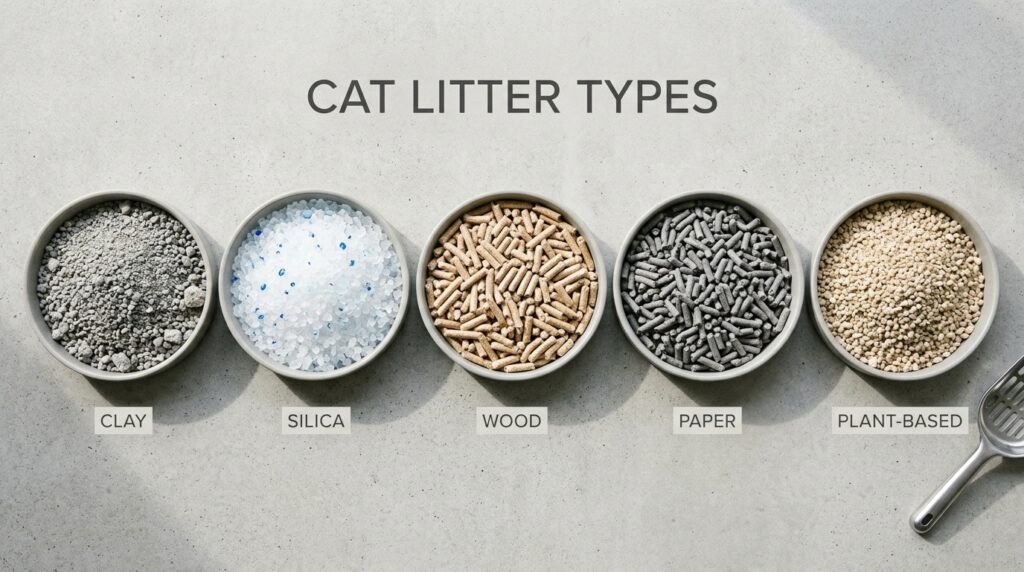 Low dust cat litter being poured into a litter box